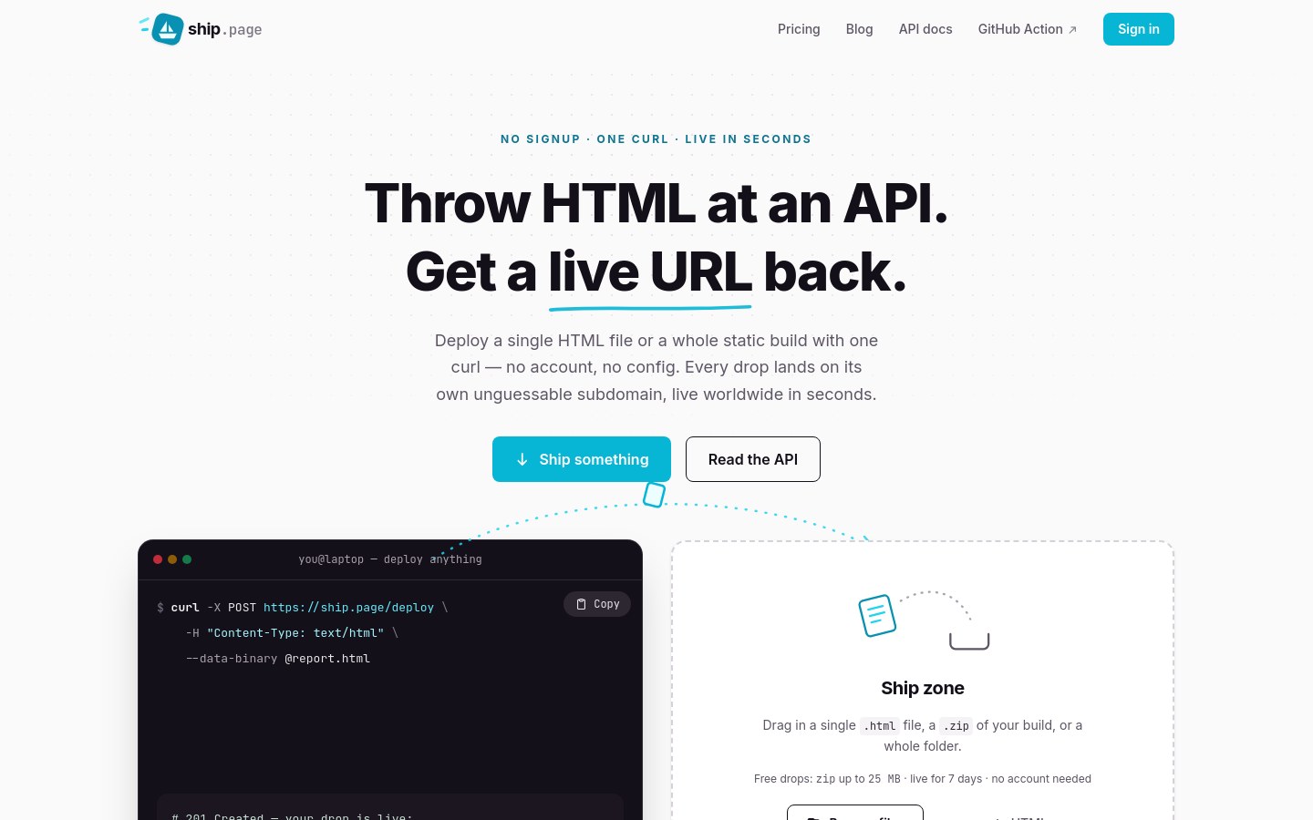 ship.page landing page with deploy demo